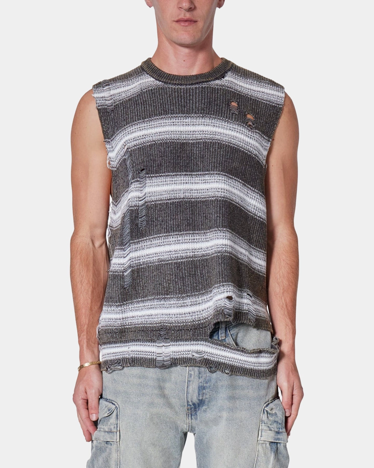 MNML Destroyed Pullover Shirt Black/White RibbedNeckline Overlock Edging