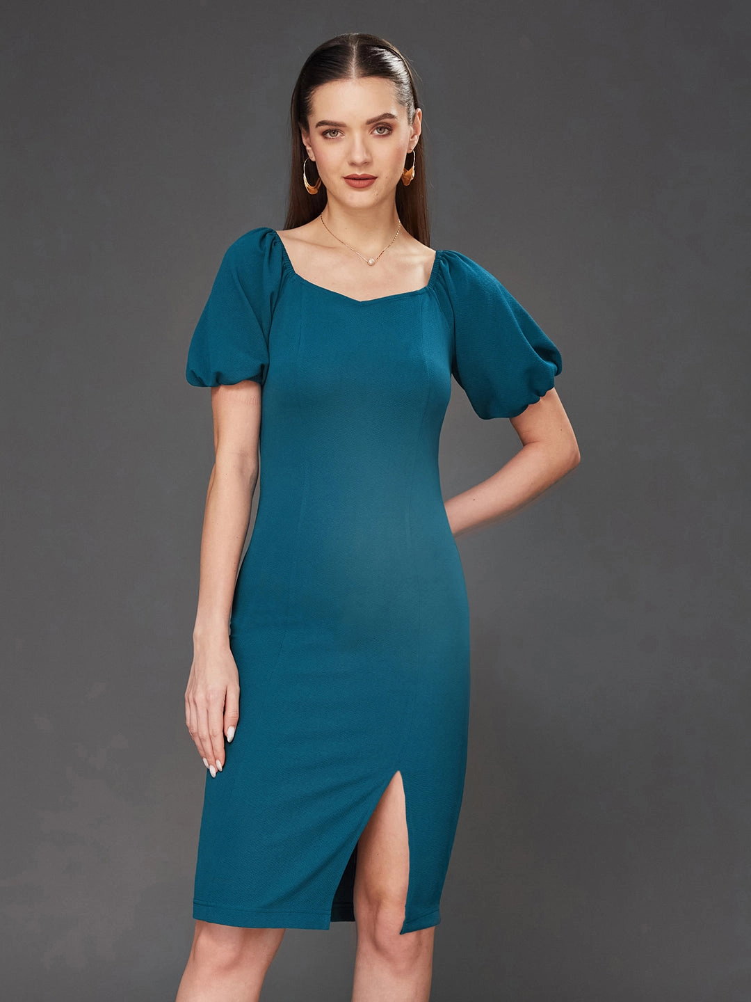 Crease Ease Women's Teal Solid Bodycon V-Neck Half Sleeve Slim Fit Knee-Long Dress Bold Mood Chic Silhouette