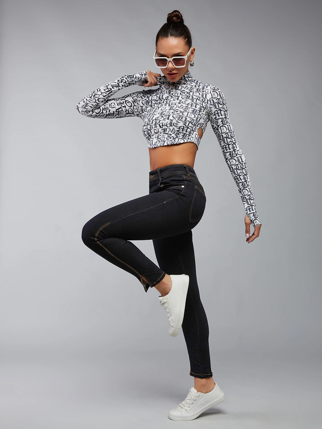 Women's Black Embellished Skinny High-Rise Side-Slit Solid Cropped-Length Stretchable Denim Jeans Home Comfort Bold Look Sunny Vibes