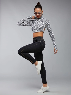 Women's Black Embellished Skinny High-Rise Side-Slit Solid Cropped-Length Stretchable Denim Jeans Home Comfort Bold Look Sunny Vibes