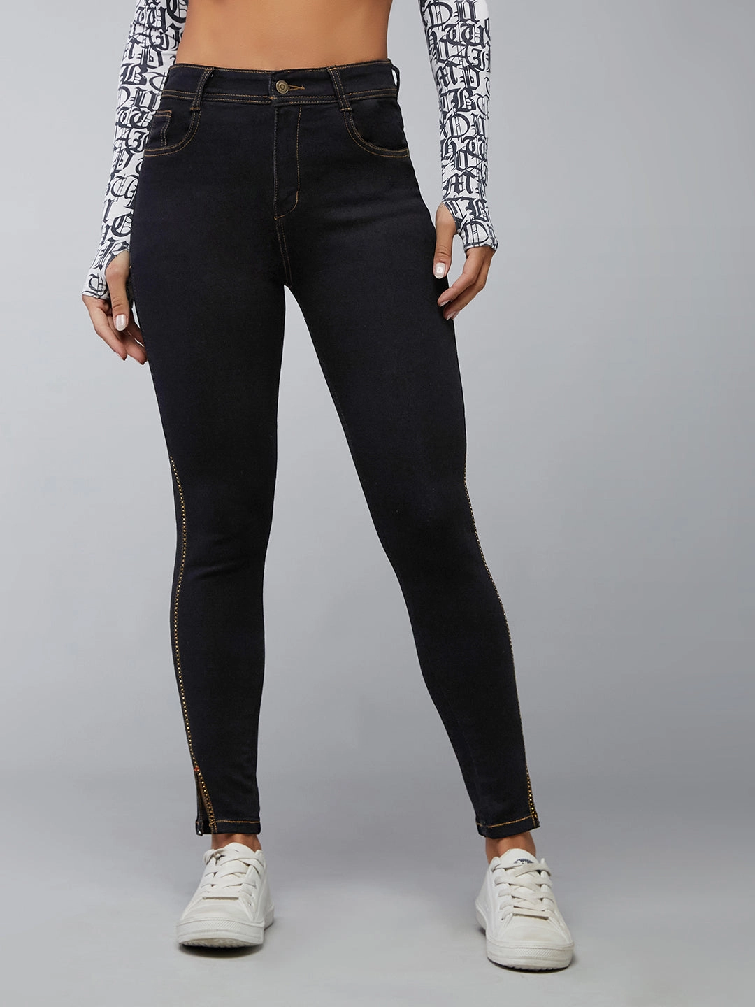 Women's Black Embellished Skinny High-Rise Side-Slit Solid Cropped-Length Stretchable Denim Jeans Garment Dyed Technique