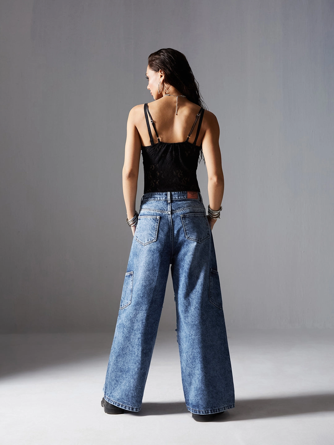 Casual Energy Seasonal piece Women's Navy-Blue Wide-Leg High-Rise Highly-Distressed Regular-Length Denim Jeans