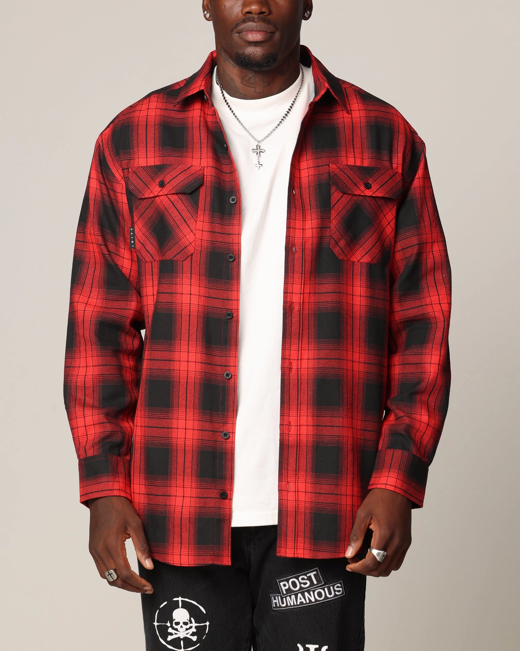 All Purpose Casual Cut Saint Morta Icon Flannel Shirt Red/Black