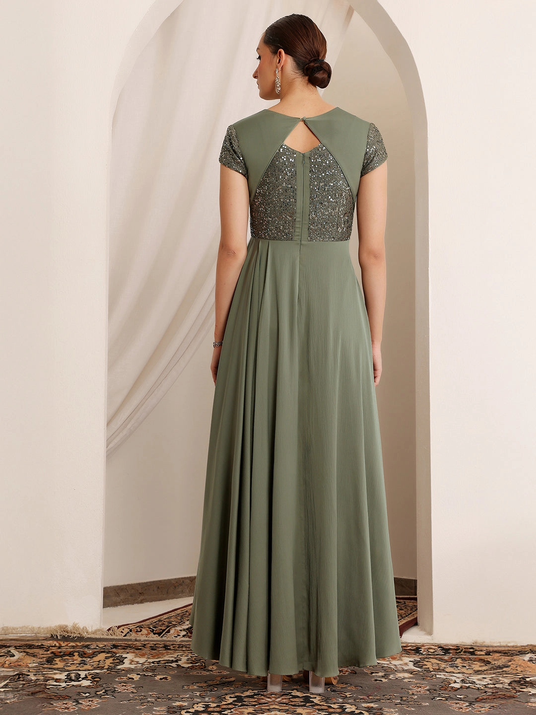 Women's Embellished Pale Olive Gown in Asymmetric Draped Premium Satin Refined Cut Trend Fit