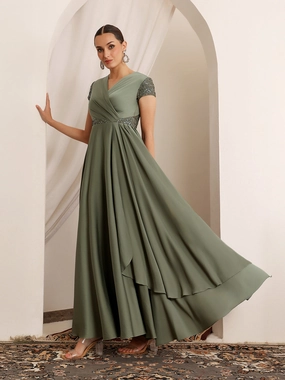 Women's Embellished Pale Olive Gown in Asymmetric Draped Premium Satin Quick Look