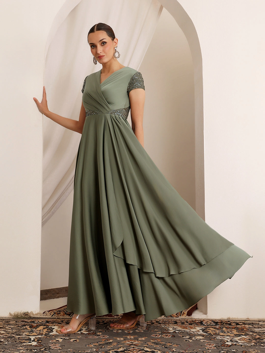 Women's Embellished Pale Olive Gown in Asymmetric Draped Premium Satin Quick Look
