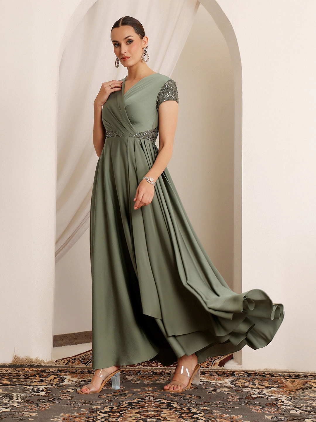 NonIrritatingLining Women's Embellished Pale Olive Gown in Asymmetric Draped Premium Satin