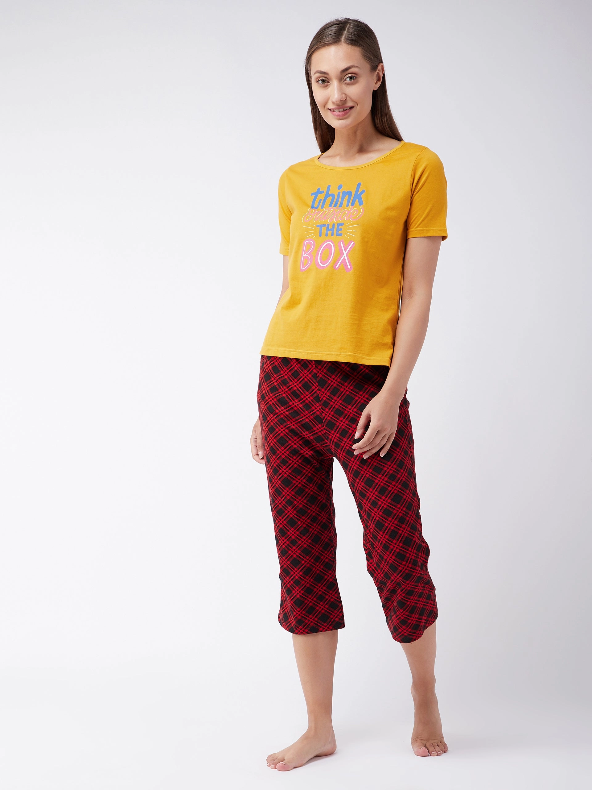 Women's Mustard Cotton Solid  Regular Length Round Neck Short Sleeves Loungewear T-shirt High Thread Count Cotton Curved Hemline