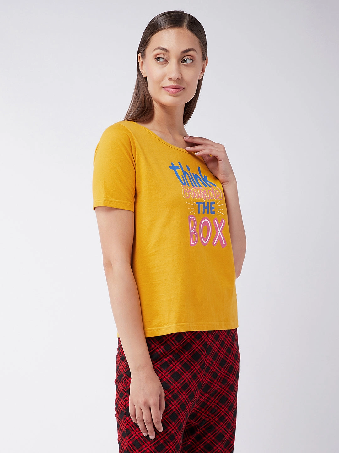 Women's Mustard Cotton Solid  Regular Length Round Neck Short Sleeves Loungewear T-shirt AntiPill Finish Reinforced Stress Points