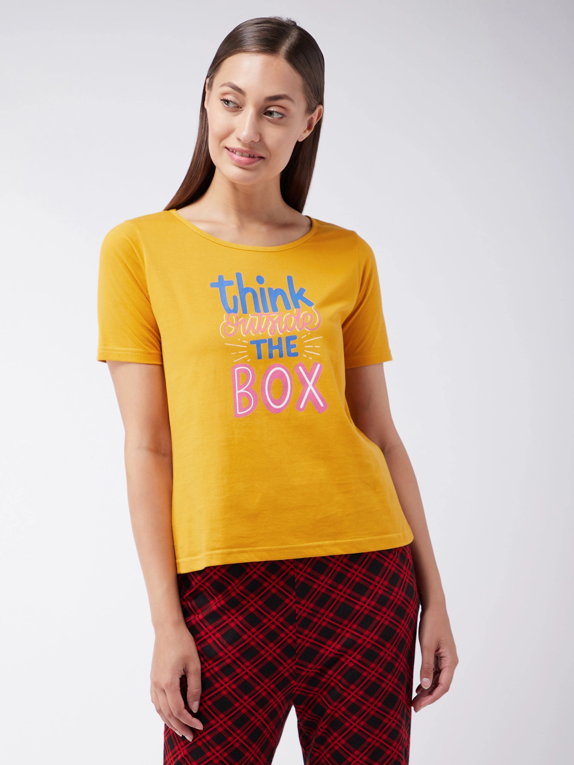 Women's Mustard Cotton Solid  Regular Length Round Neck Short Sleeves Loungewear T-shirt RecycledPolyesterBlend Moisture Management