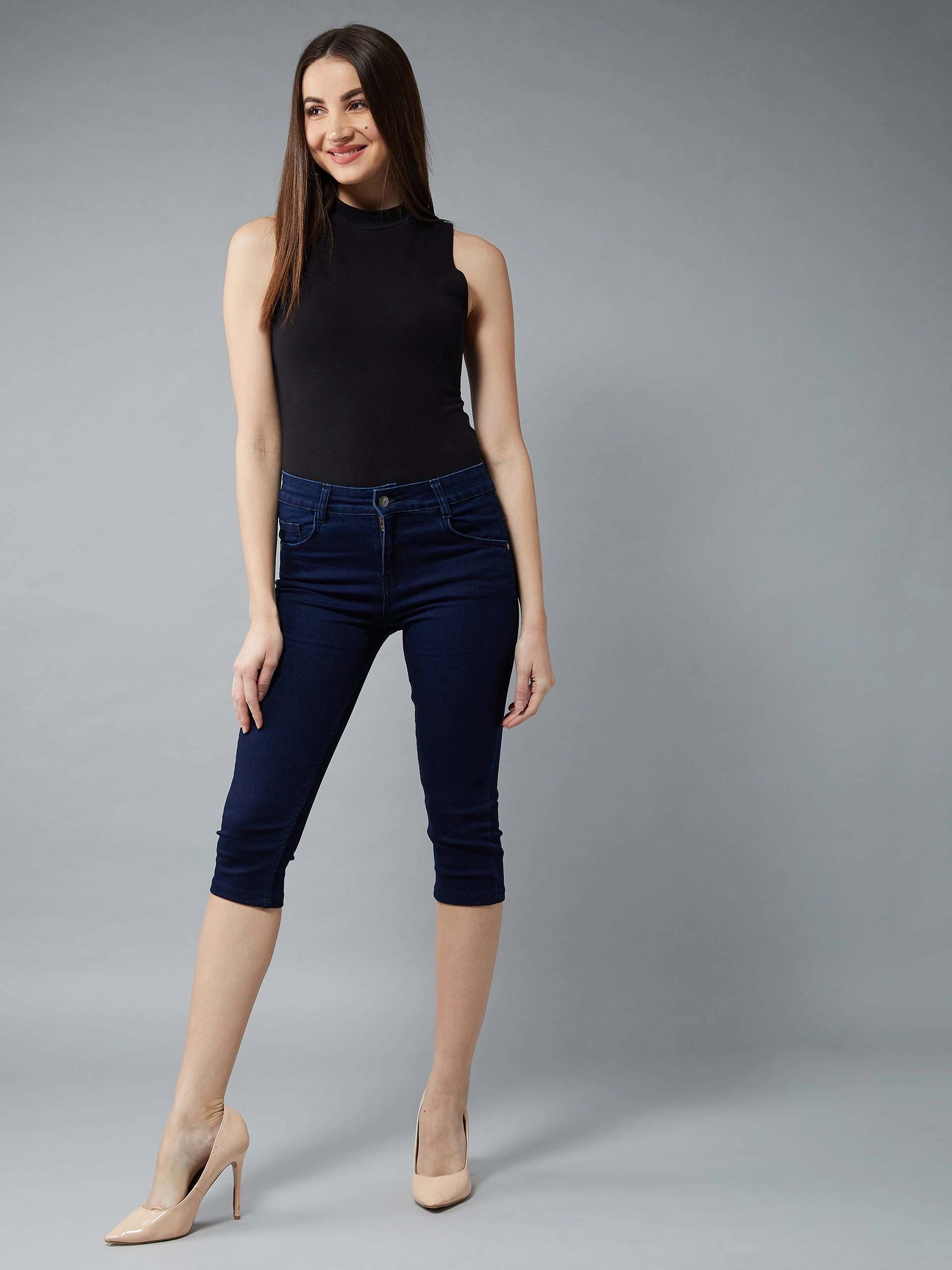 Low Impact Manufacturing Minimalist Pocket Layout CHASEstretch? Women's Navy-Blue Skinny-Fit High-Rise Cropped-Length Clean-Look Denim Stretchable Capri Jeans