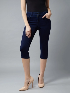 Everyday Pick Shopping Day Outdoor Enthusiast CHASEstretch? Women's Navy-Blue Skinny-Fit High-Rise Cropped-Length Clean-Look Denim Stretchable Capri Jeans