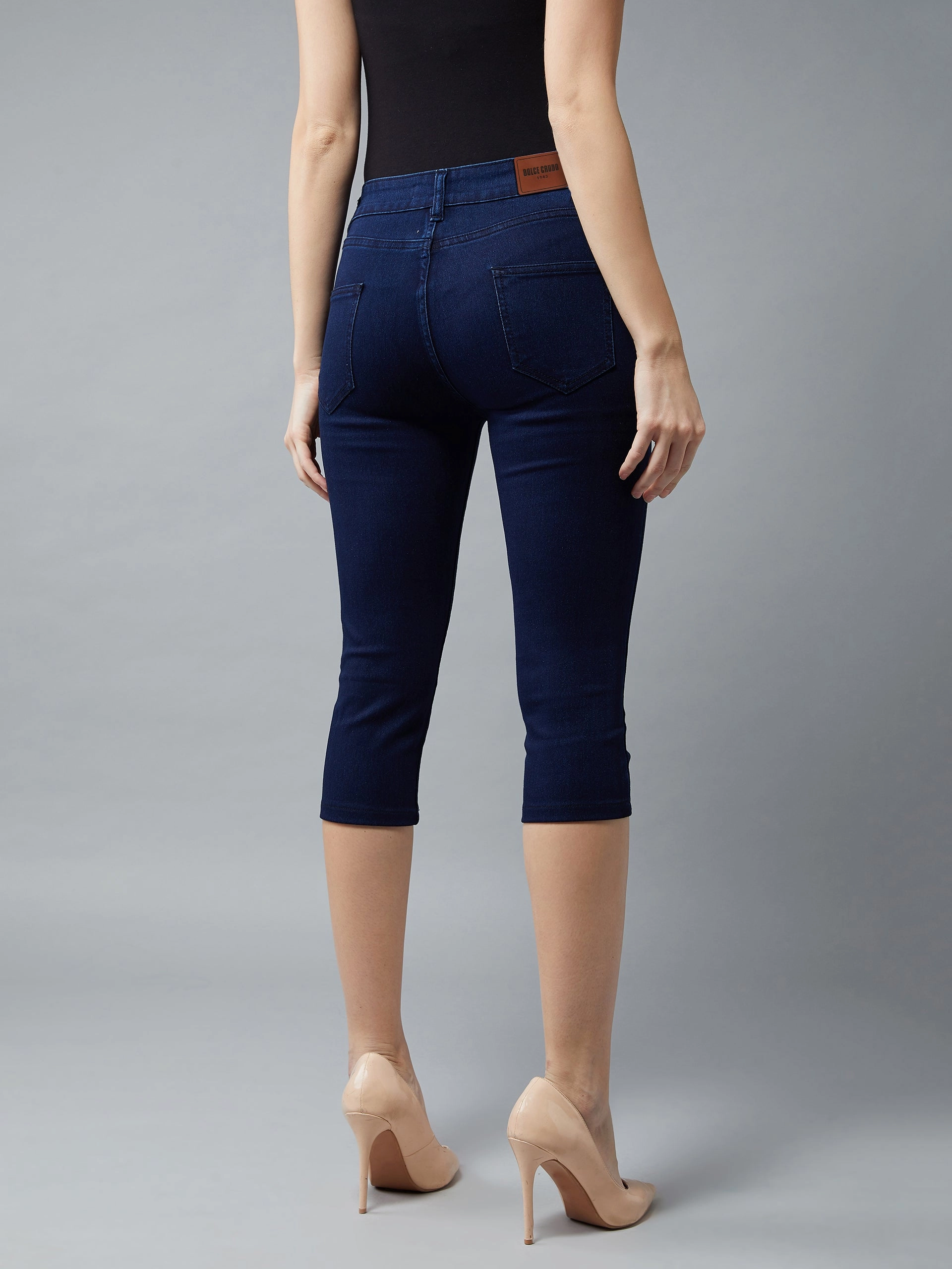 Simple Layers Stretch Enhanced Mobility CHASEstretch? Women's Navy-Blue Skinny-Fit High-Rise Cropped-Length Clean-Look Denim Stretchable Capri Jeans