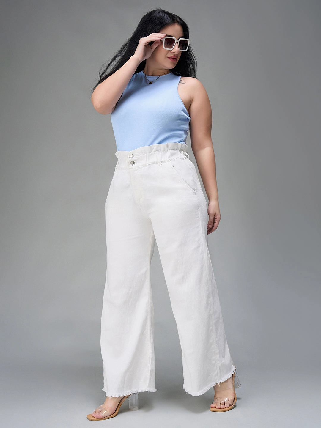 24/7 Comfort White Flared High-Rise Ankle length Stretchable Denim Jeans Comfy Design Style