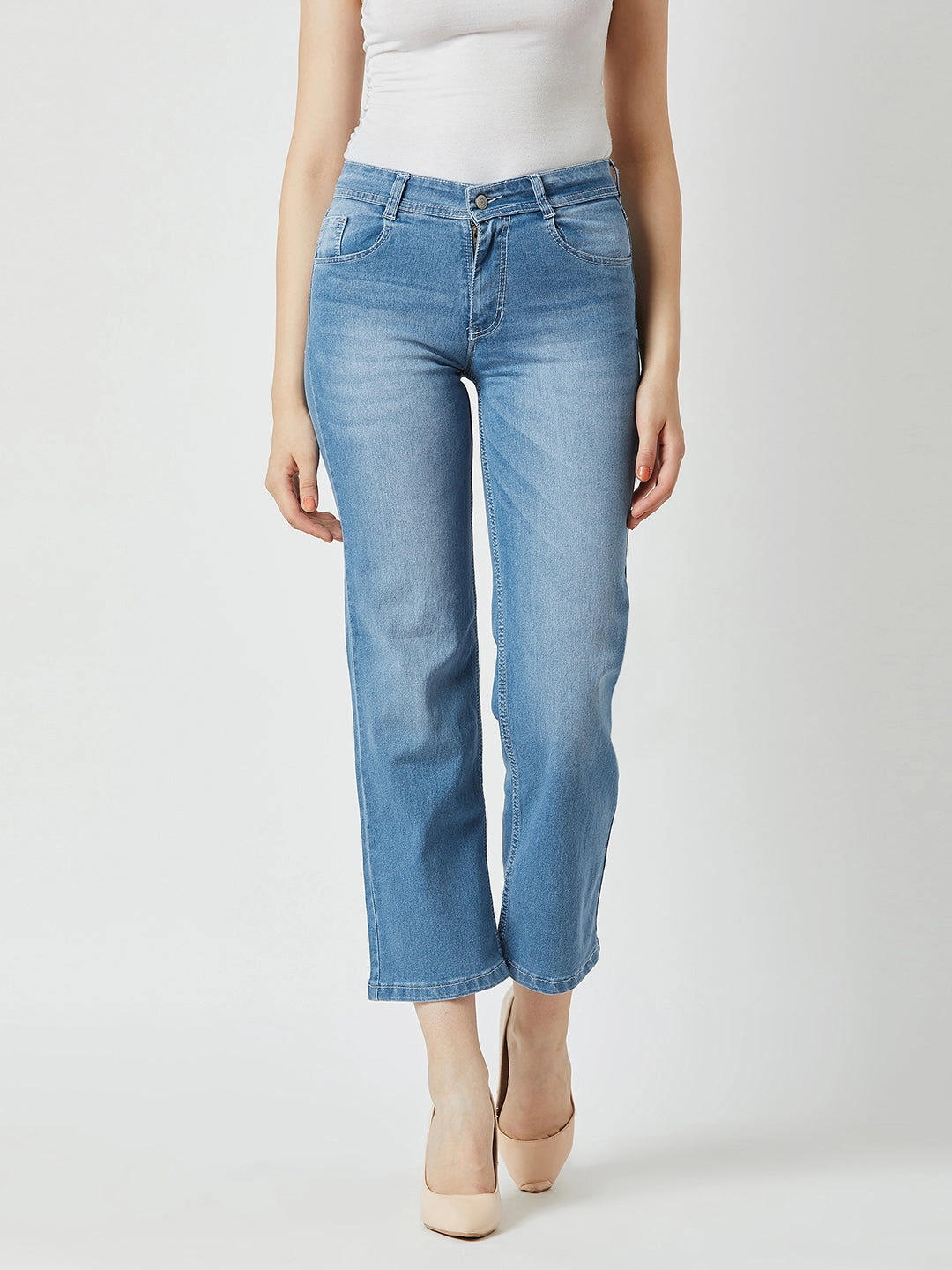 24/7 Comfort Light Blue Wide-Leg fit Mid-Rise Stretchable Denim Jeans Clean Base