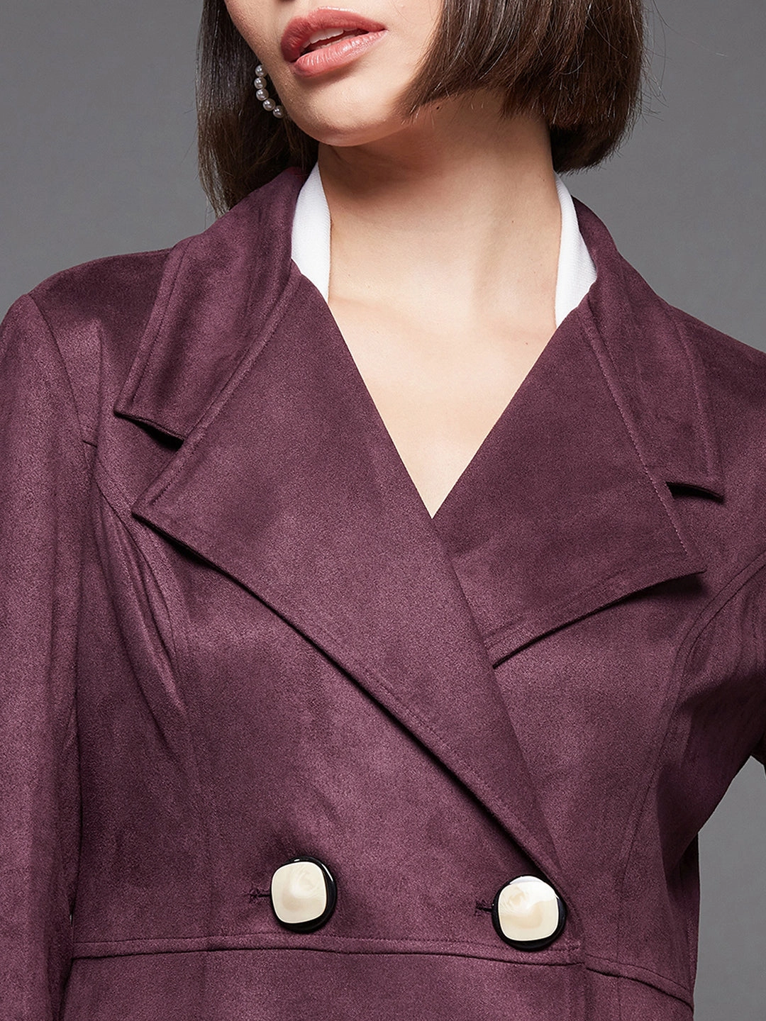 Women's Wine Solid V-Neck Full Sleeves Side Pocketed Polyester Double Breasted Longline Blazer Jacket Wind Resistant Lining Hydrophobic Treatment