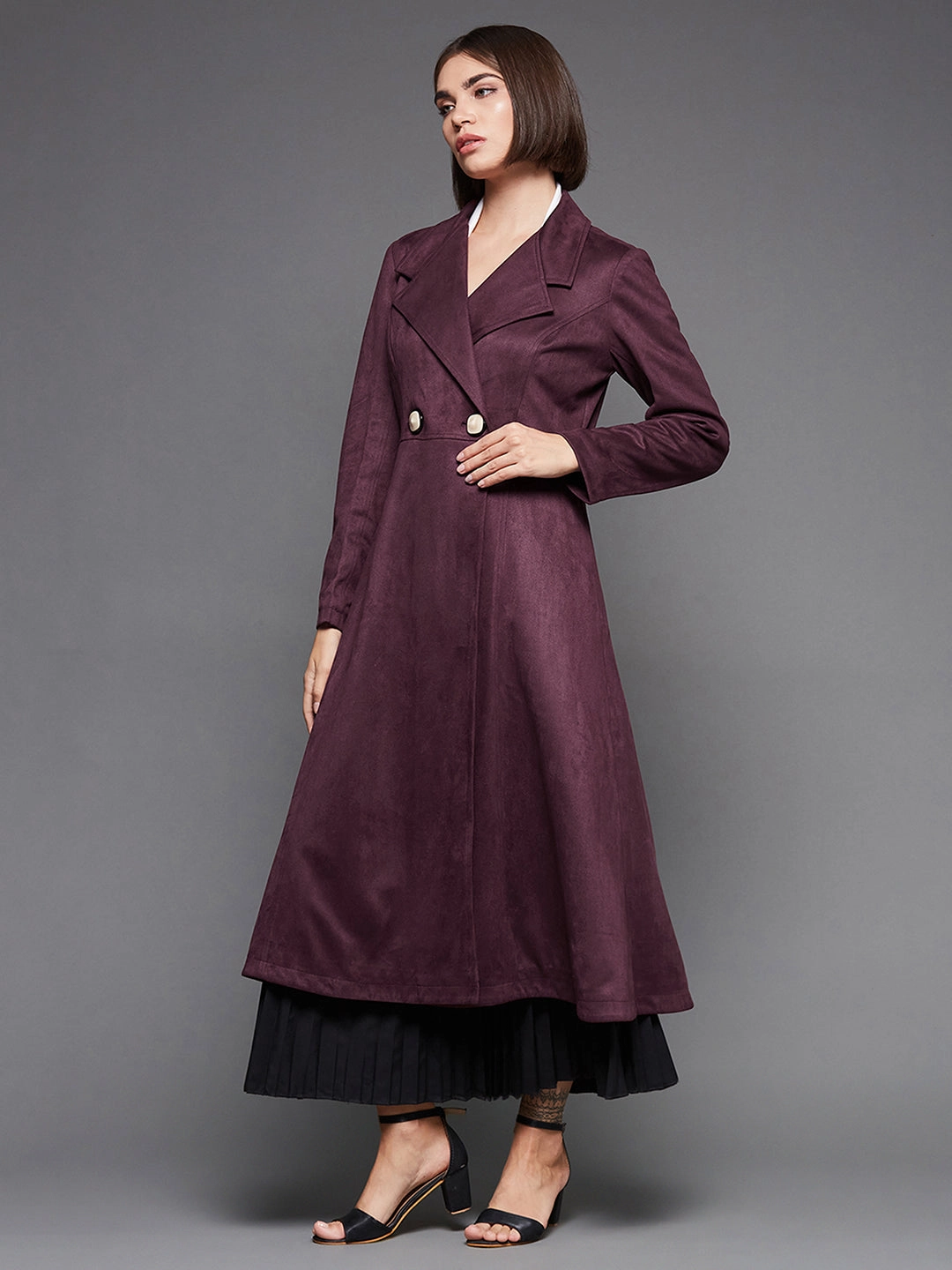 Women's Wine Solid V-Neck Full Sleeves Side Pocketed Polyester Double Breasted Longline Blazer Jacket Urban Explorer Look Double Breasted