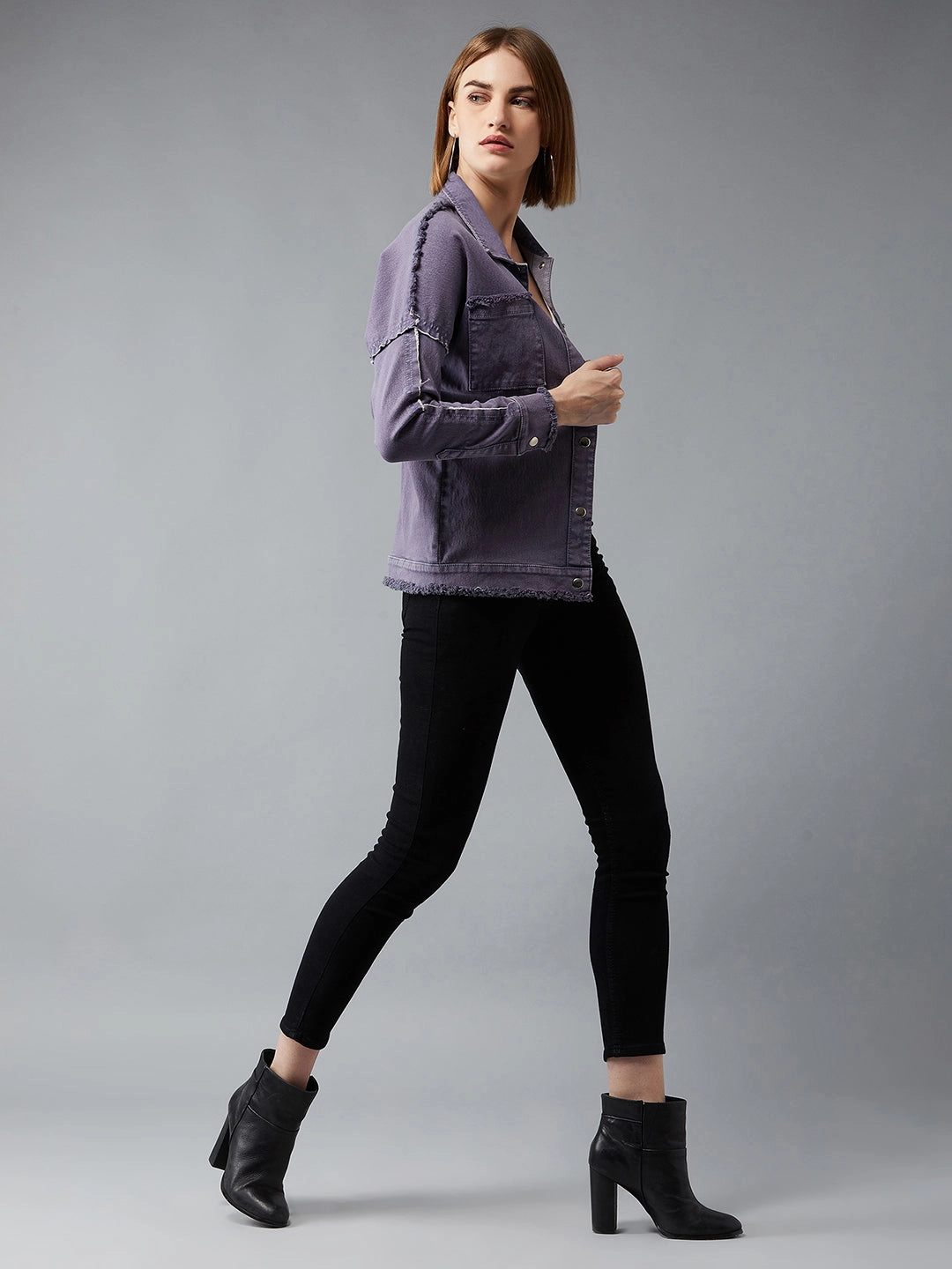 Packable design Women's Lilac Polo Neck Full Sleeves Denim Bomber Regular Length Jacket