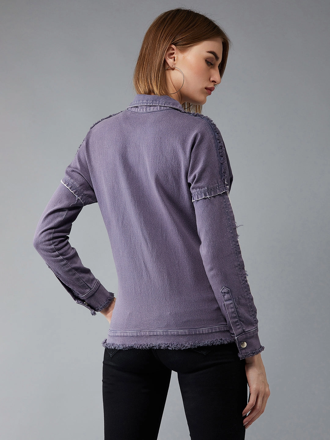 Women's Lilac Polo Neck Full Sleeves Denim Bomber Regular Length Jacket Ergonomic Tailoring Quick Dry Performance