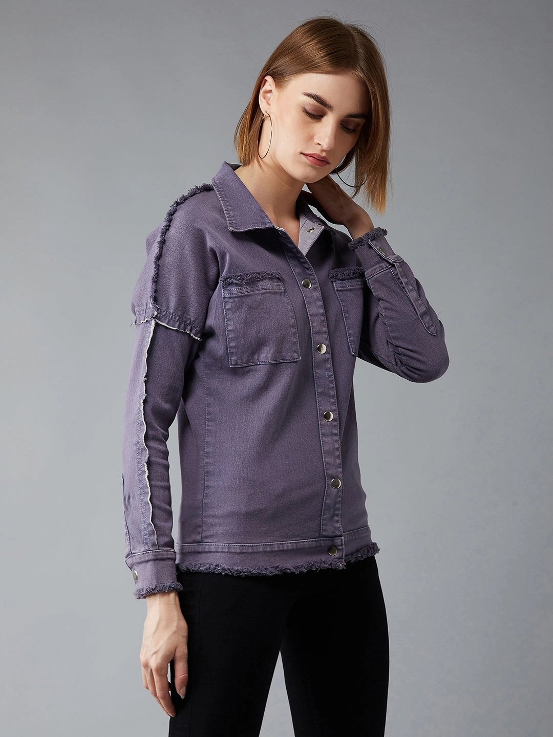 Women's Lilac Polo Neck Full Sleeves Denim Bomber Regular Length Jacket Modern Street All Day Comfort
