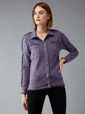 Women's Lilac Polo Neck Full Sleeves Denim Bomber Regular Length Jacket Convertible styles