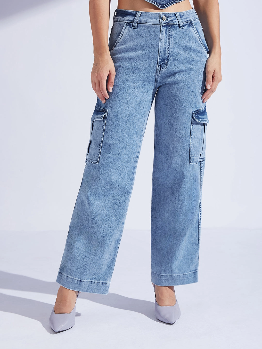 Women's Light Blue Wide-Leg High-Rise Clean-Look Regular-Length Stretchable Flared Cargo Style Denim Jeans Double Stitched Seams