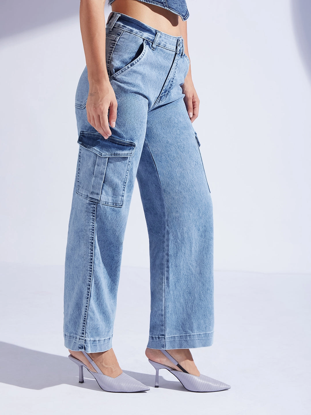 Chill Attire Utility Fit Women's Light Blue Wide-Leg High-Rise Clean-Look Regular-Length Stretchable Flared Cargo Style Denim Jeans