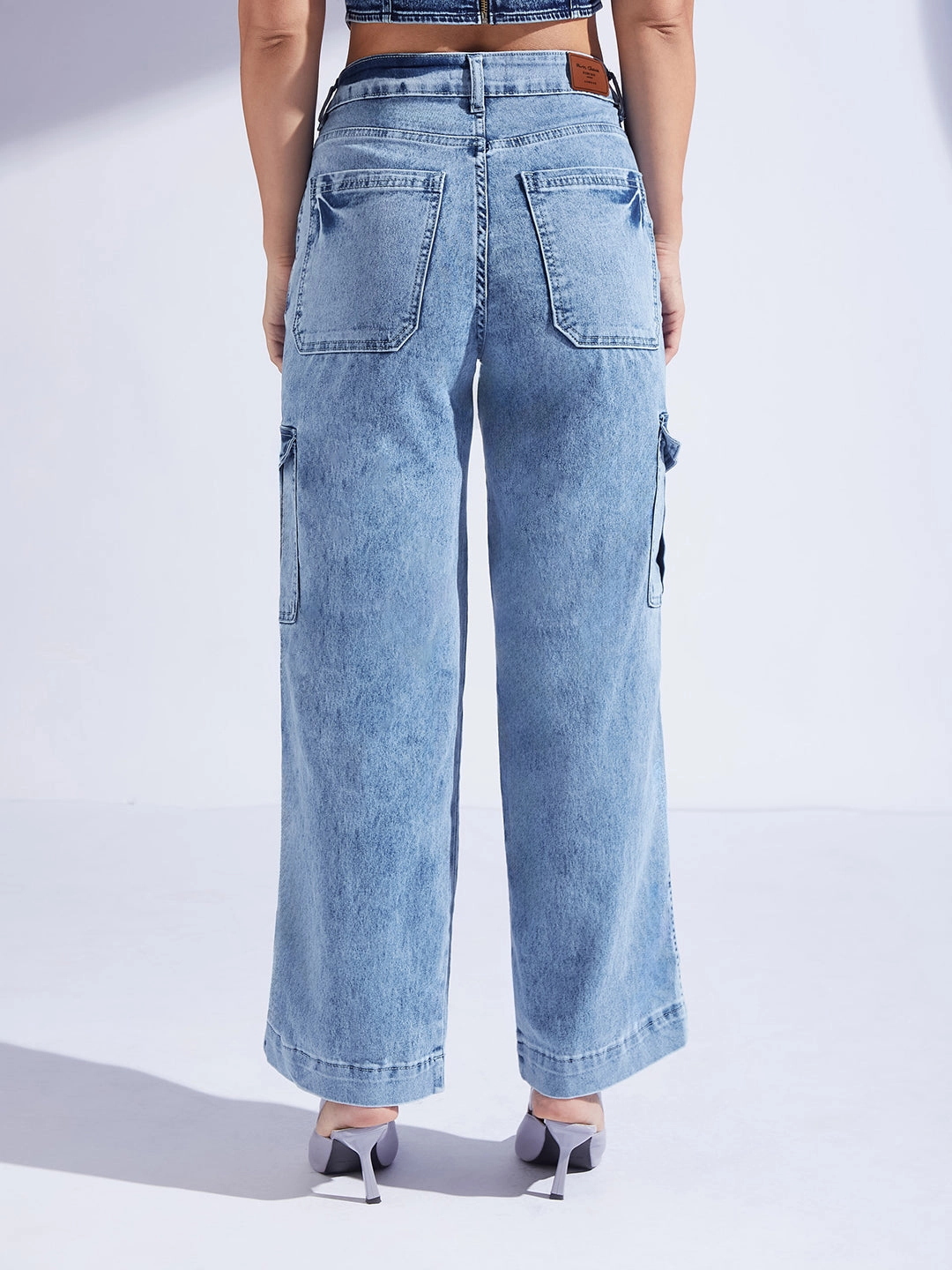 Women's Light Blue Wide-Leg High-Rise Clean-Look Regular-Length Stretchable Flared Cargo Style Denim Jeans Plain Favorite Bold Earthy