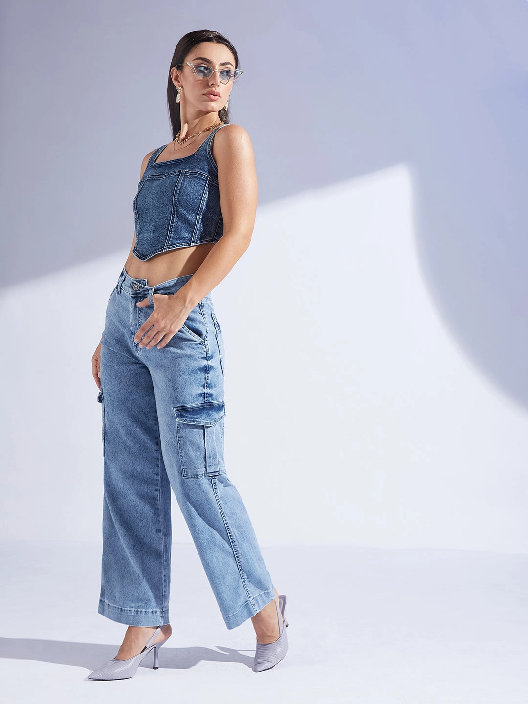 Women's Light Blue Wide-Leg High-Rise Clean-Look Regular-Length Stretchable Flared Cargo Style Denim Jeans Comfy Choice Outfit Ideas