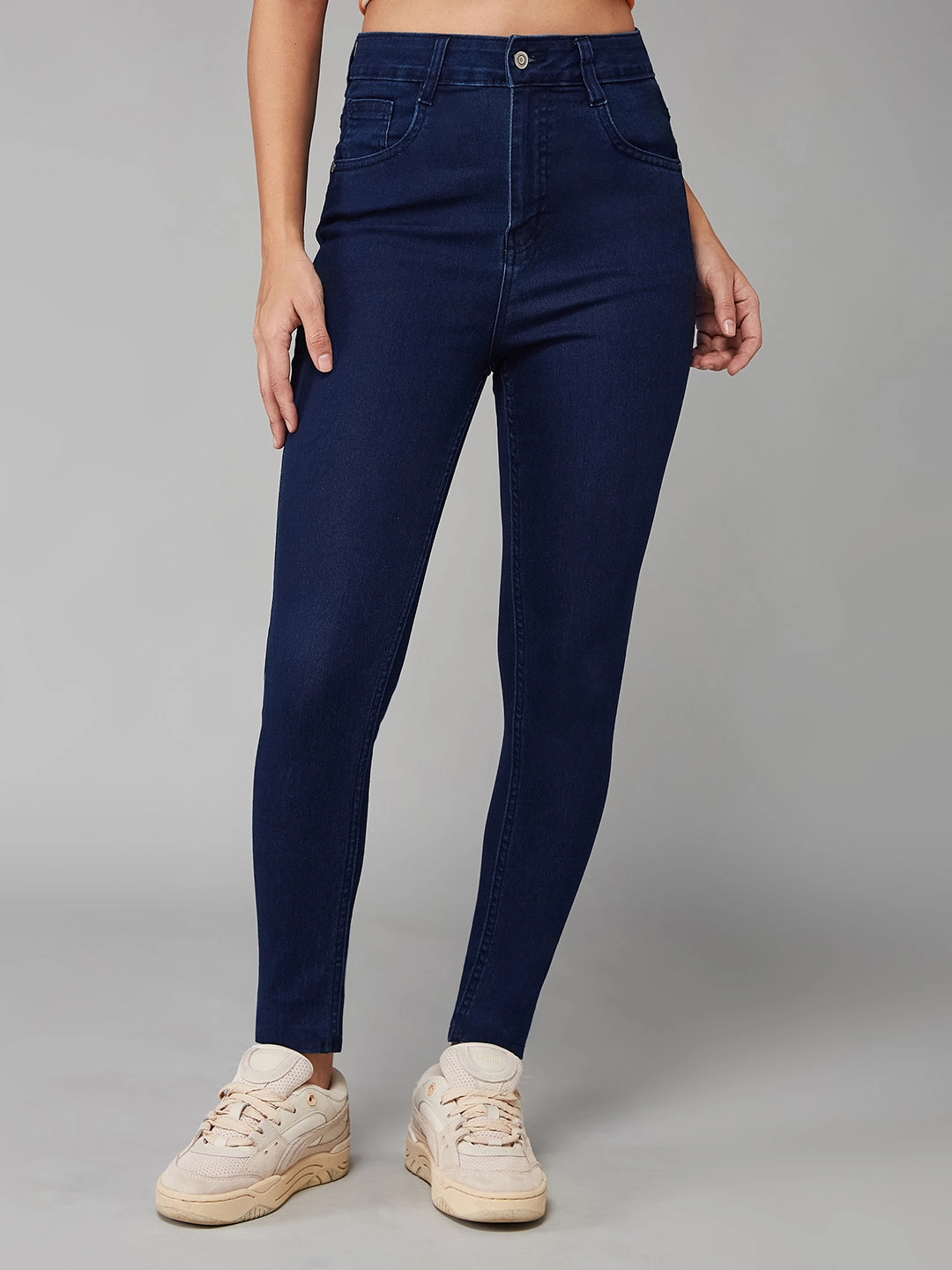 Minimalist Comfort Laidback Style Women's Navy-Blue Skinny-Fit High-Rise Stretchable Denim Jeans