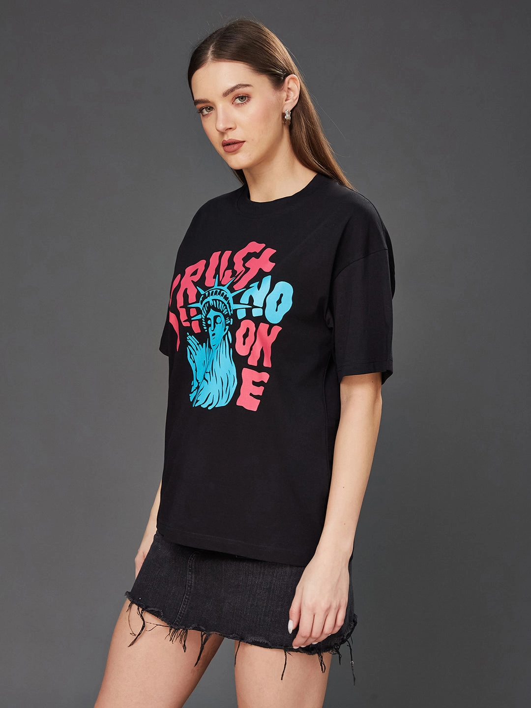 Women's Black Round Neck Half-Sleeve Conversational-Printed Regular-Length Oversized Cotton T-Shirt Layered Placket Design