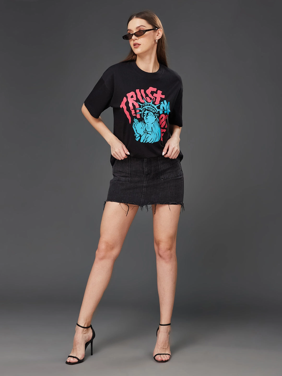 Women's Black Round Neck Half-Sleeve Conversational-Printed Regular-Length Oversized Cotton T-Shirt UV Protective Layer SoftTouch