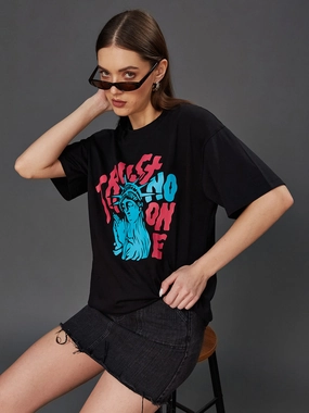 Women's Black Round Neck Half-Sleeve Conversational-Printed Regular-Length Oversized Cotton T-Shirt StretchFit Design