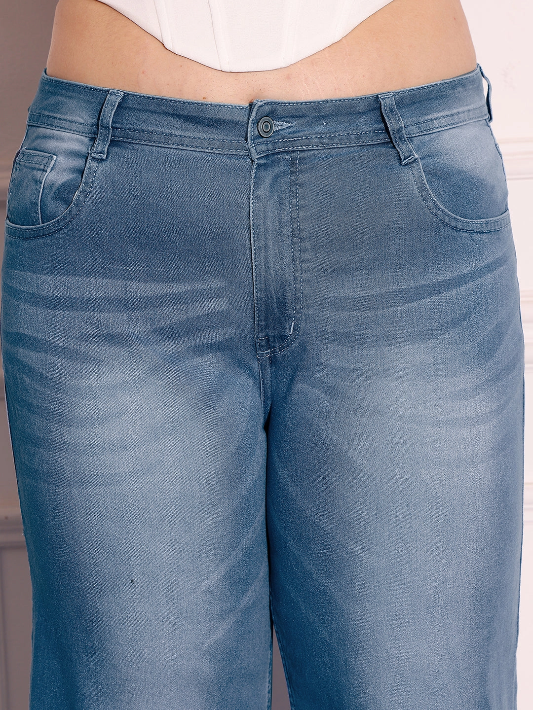 Women's Light Blue Wide-Leg Mid Rise Blast Effect Denim Jeans Weekend Warrior Festival Outfit Smooth