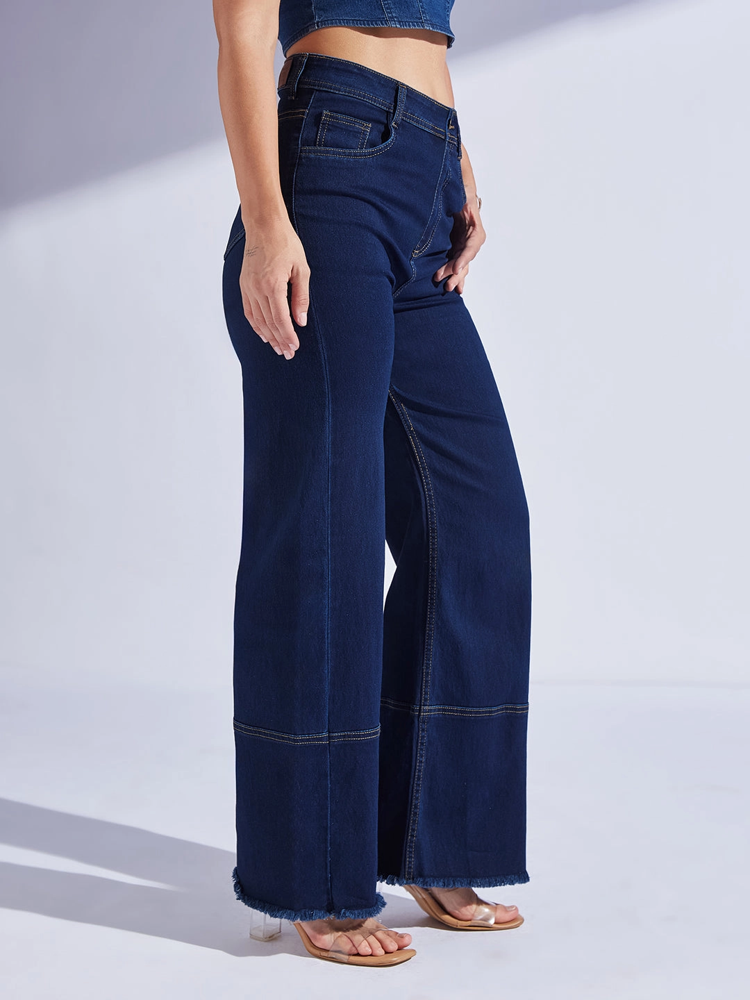 Women's Navy Blue Wide Leg High-Rise Regular-Length Stretchable Denim Jeans Minimalist Traveler Gear Bold Look Premium Fit