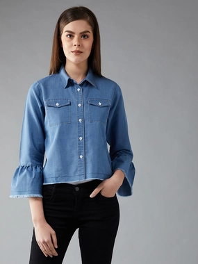 Women's Light Blue Polo Neck Full Sleeve Solid Gathered Crop Jacket Fashion Forward Light Outdoor Layer