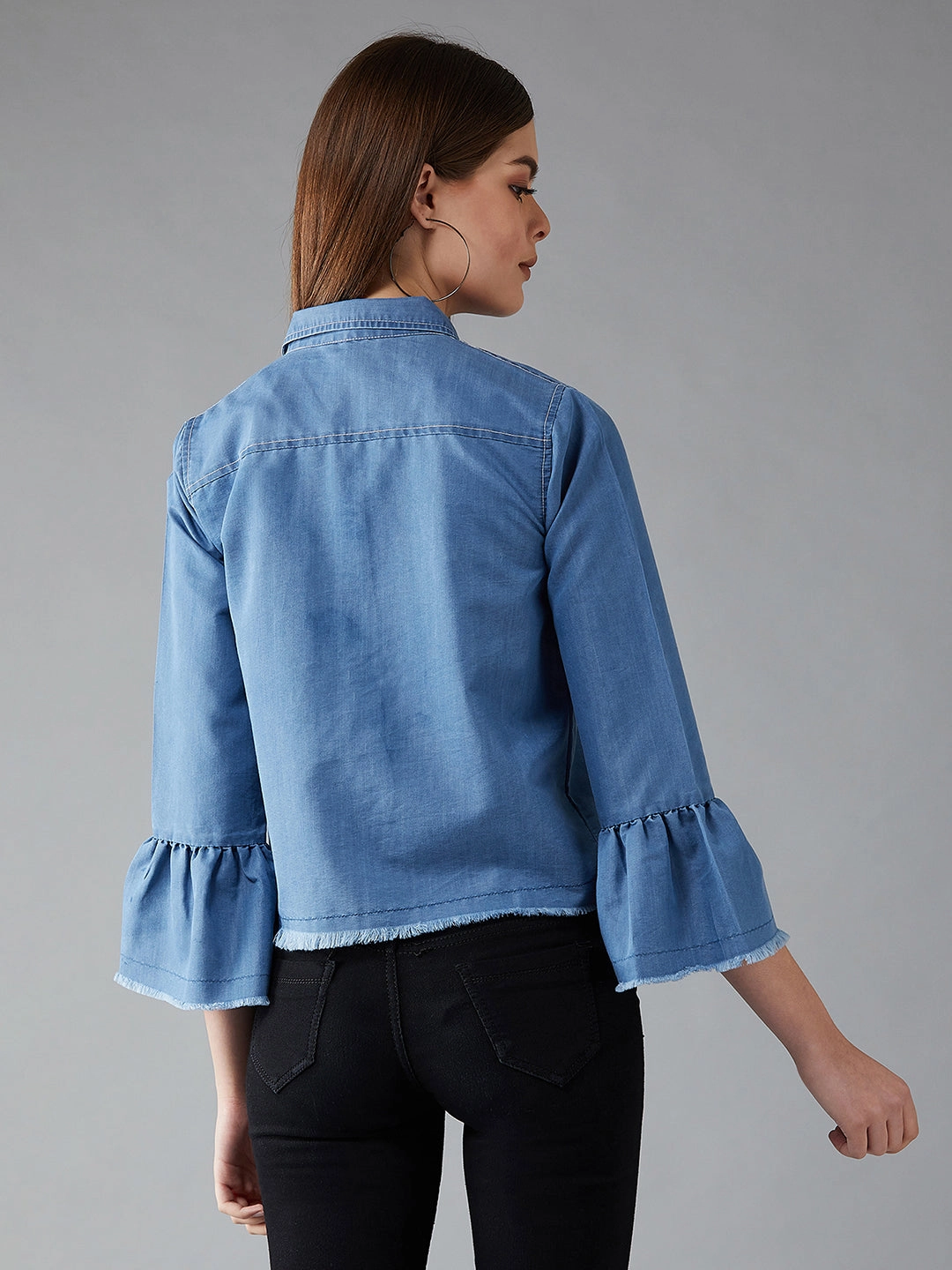 Contoured Back Panel Women's Light Blue Polo Neck Full Sleeve Solid Gathered Crop Jacket