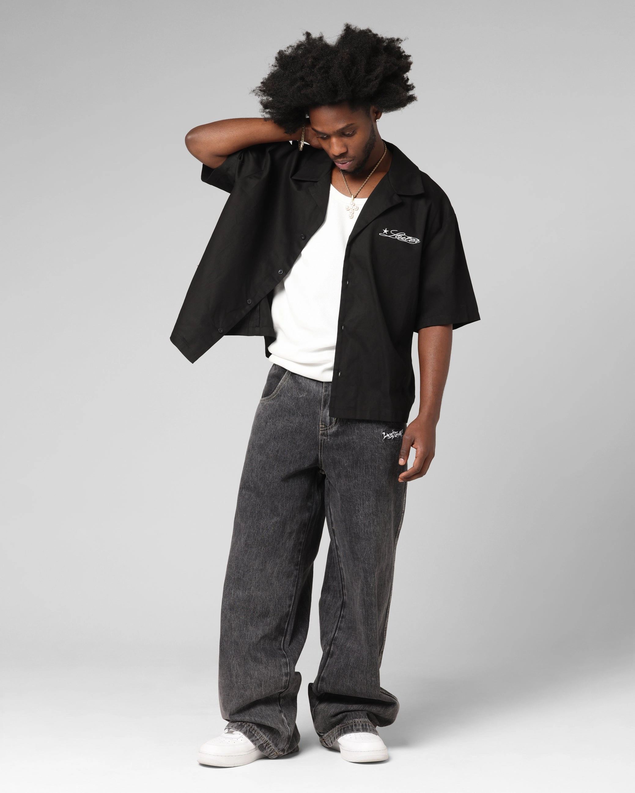 Loiter Daytona Button Up Shirt Black High Neckline