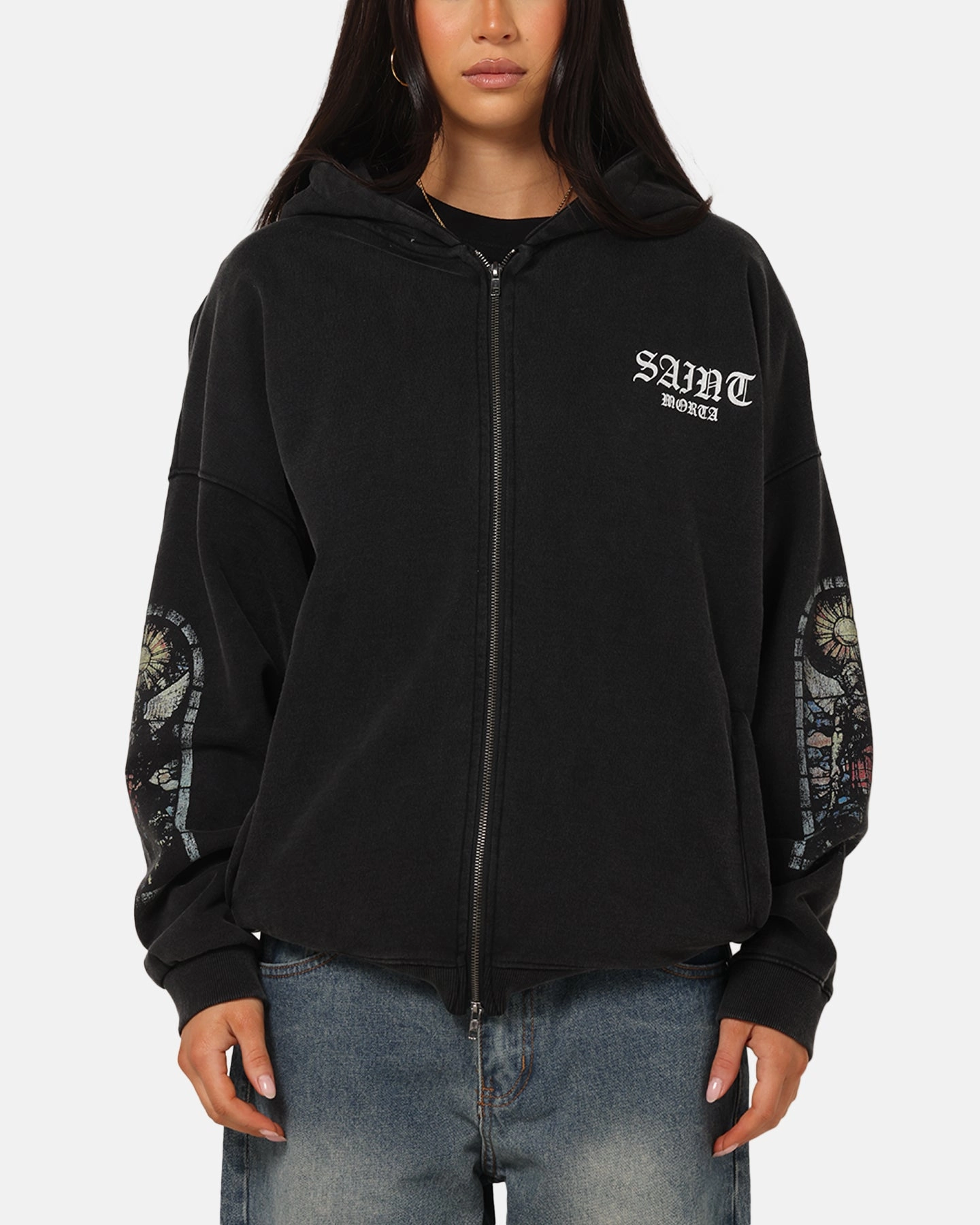 Saint Morta Kingdomcome Boxy Zip Hoodie Black Button Down Collar