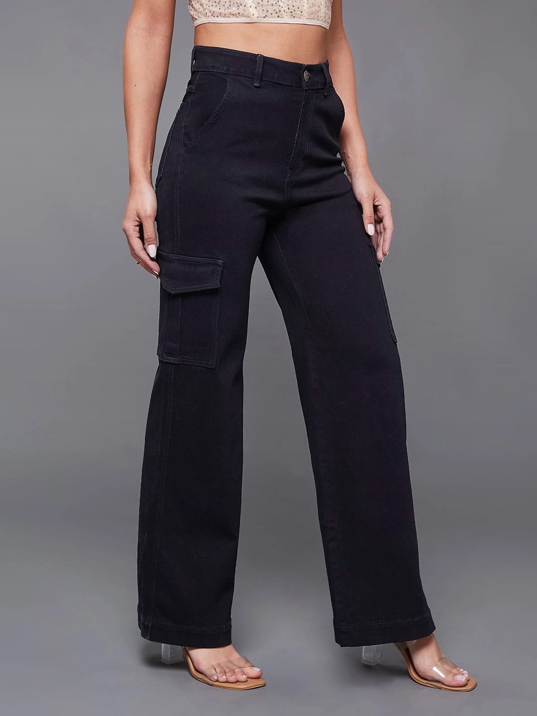 24/7 Comfort Black Wide-Leg High-Rise Stretchable Denim Jeans Stretch Unisex Wear Classic Wear