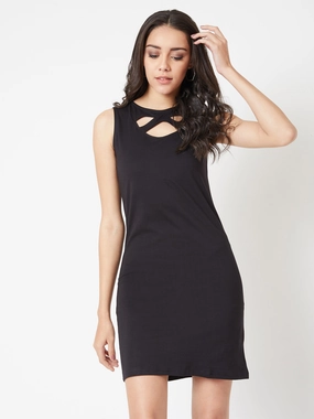 Women's Black Boat Neck Sleeveless Solid Cut Out Mini Bodycon Dress Soft Composition