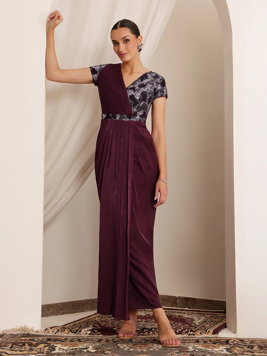 Women's Wine V-Neck Short Sleeve Embellished Pleated Satin Maxi Dress Night Party