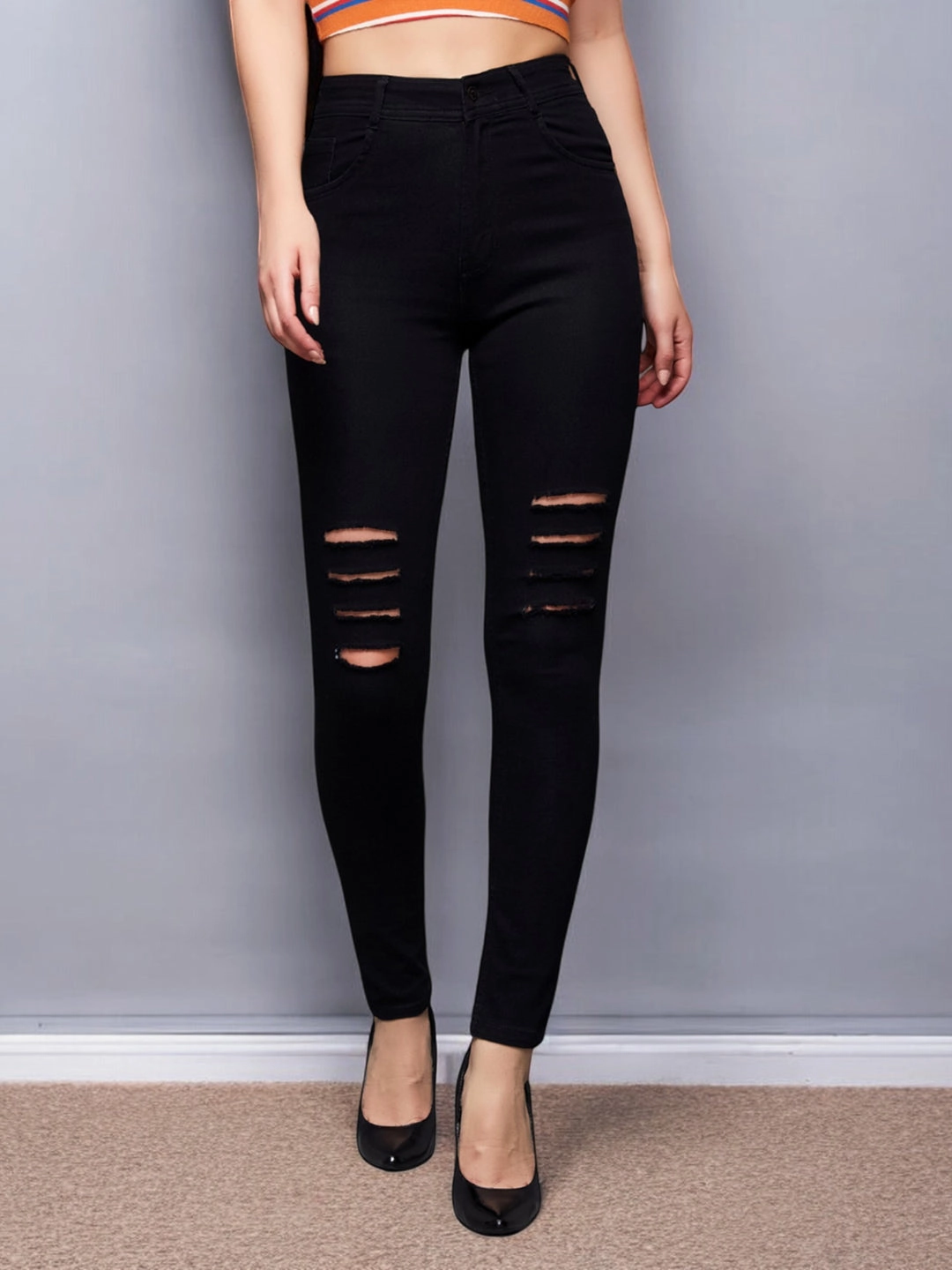 Women's Black Slim-Fit High-Rise Mild-Distressed Ripped Denim Stretchable Jeans Simple Choice Adaptive Stretch Fabric