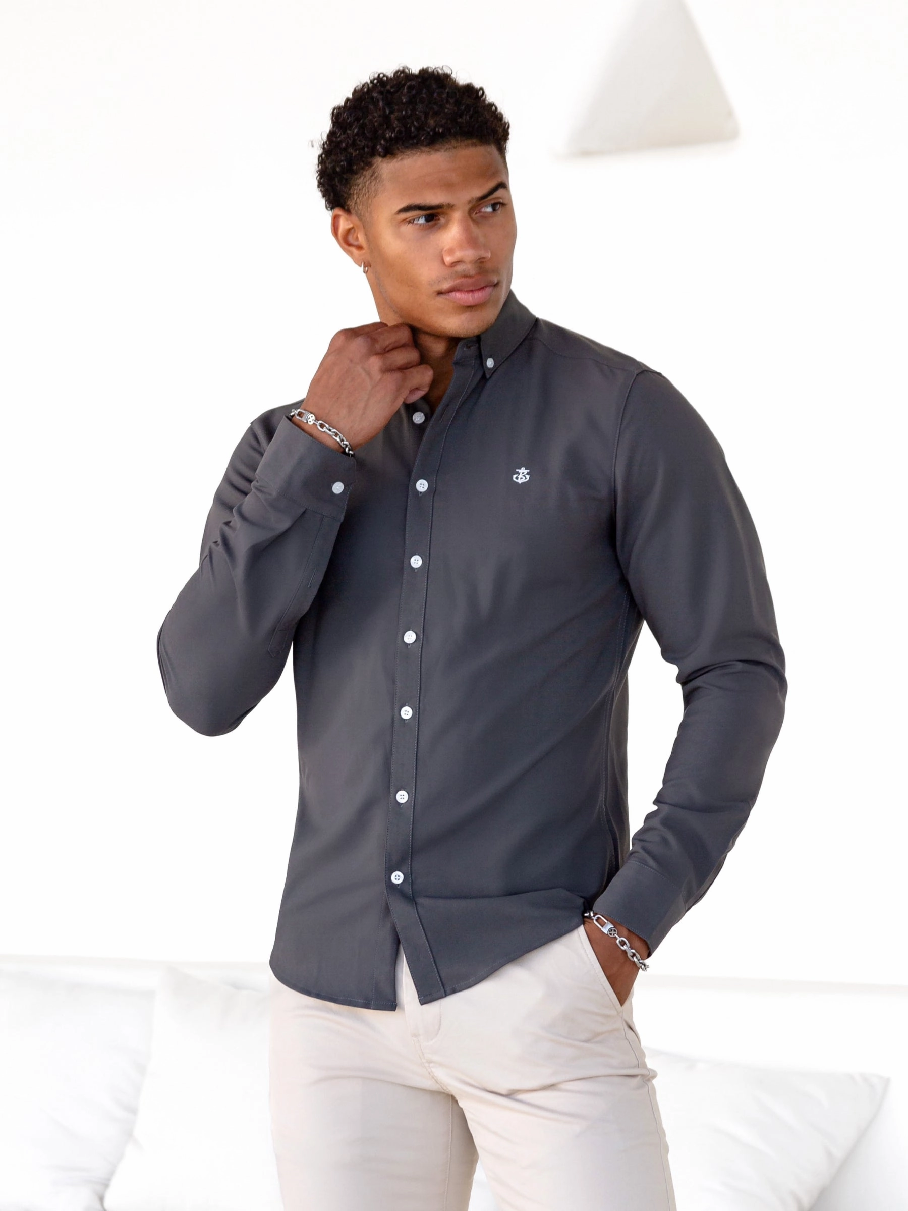 Beach Wear Round Collar Otto Long Sleeve Shirt - Charcoal
