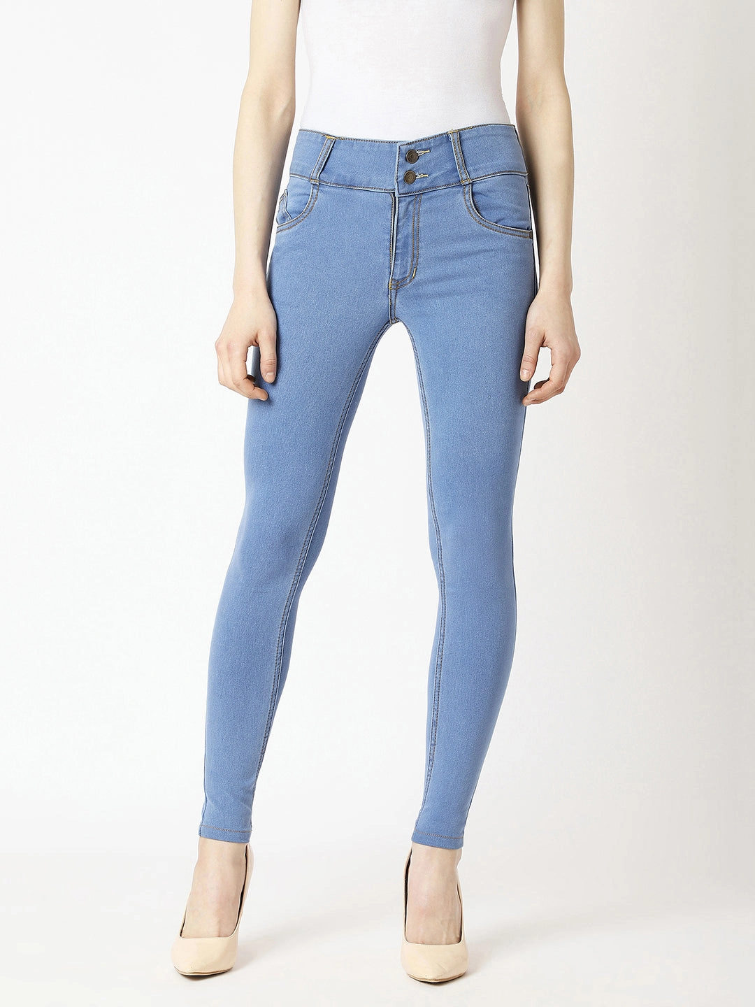 Minimalist Styling Women's Blue Skinny High-Rise Broad Waist Band Denim Jeans