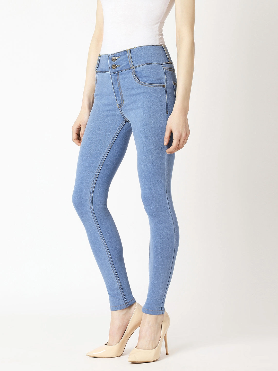 Women's Blue Skinny High-Rise Broad Waist Band Denim Jeans Relaxed Style Bold Plain Favorite