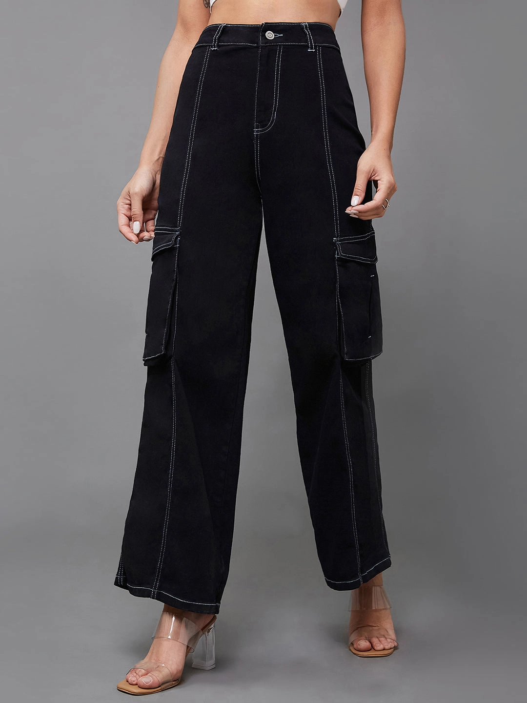 24/7 Comfort Black Wide-Leg High-Rise Stretchable Patch-Pocketed Denim Jeans Perfect Length Design Road Trip Bold Look Smart Casual