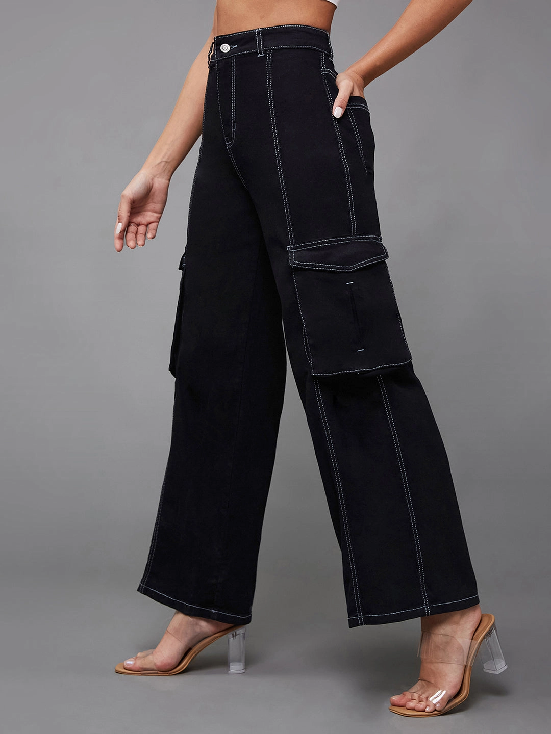 24/7 Comfort Black Wide-Leg High-Rise Stretchable Patch-Pocketed Denim Jeans Wrinkle Free Fabric Treatment Soft Core