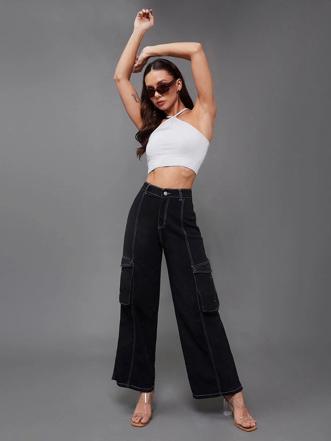 24/7 Comfort Black Wide-Leg High-Rise Stretchable Patch-Pocketed Denim Jeans Go Out Style Teen Outfit Night Out Party Look
