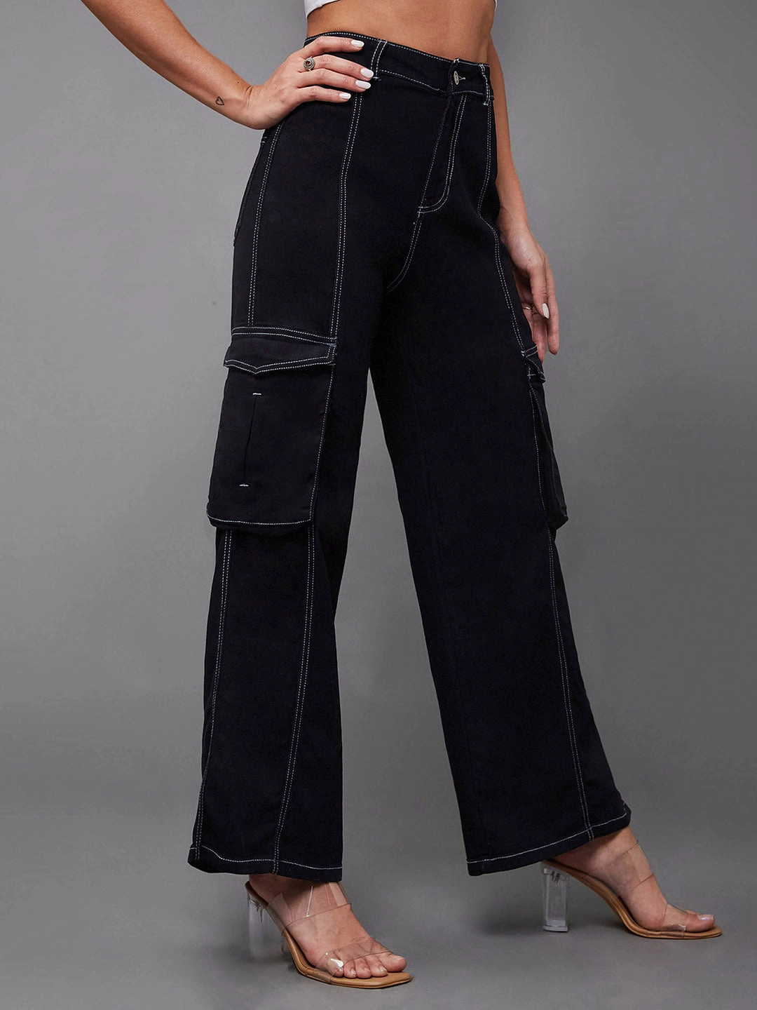 24/7 Comfort Black Wide-Leg High-Rise Stretchable Patch-Pocketed Denim Jeans Simple Touch Style Friendly